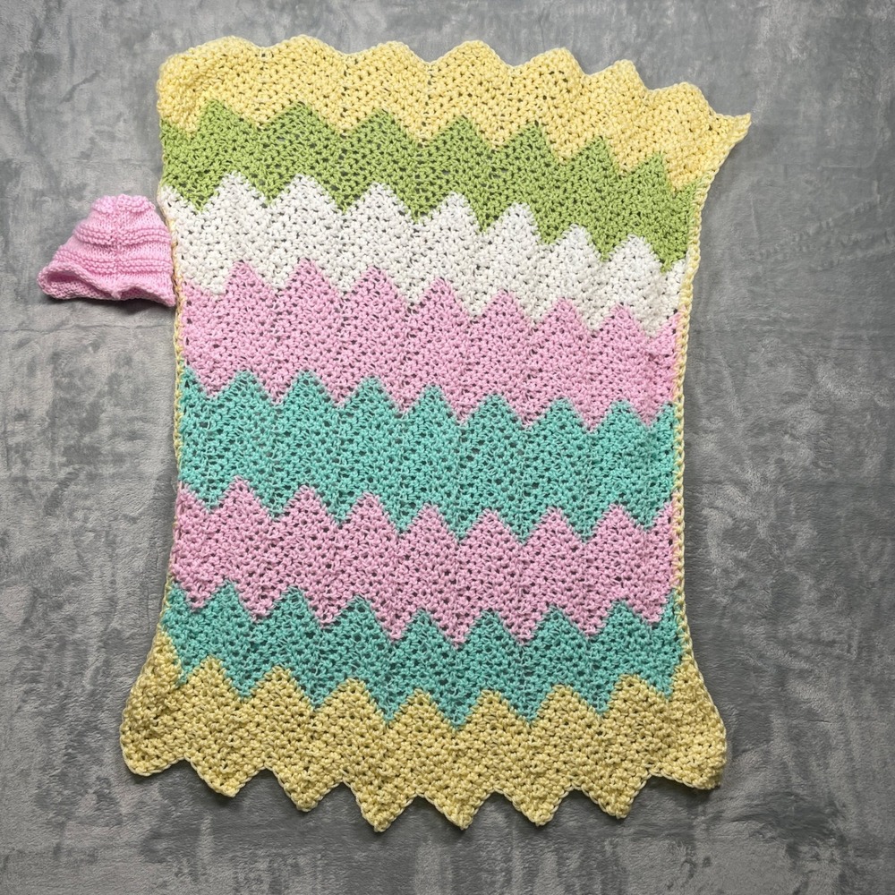 Handmade Crochet Baby Blanket and Hat Set Chevron Pattern Pastel Colors 35x23